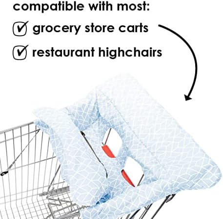 Lightweight Diono toddler high chair liner being fitted onto a wooden restaurant high chair.