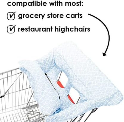 Lightweight Diono toddler high chair liner being fitted onto a wooden restaurant high chair.