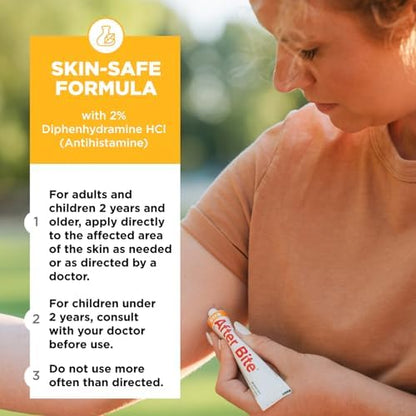 Portable point seven ounce topical antihistamine gel tube for travel first aid.
