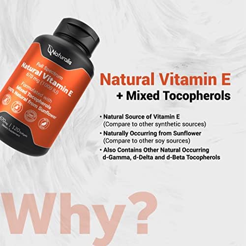 Naturalis Vitamin E 670 milligrams dietary supplement bottle showing ingredient facts and soy free labels