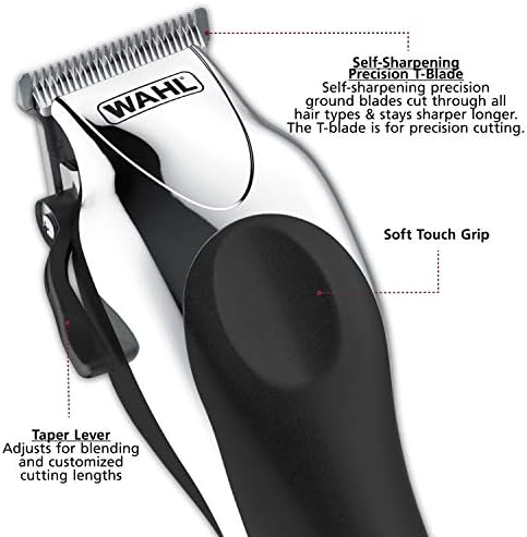 Wahl twenty five piece hair trimmer kit showing all fourteen guide combs shears and combs arranged neatly