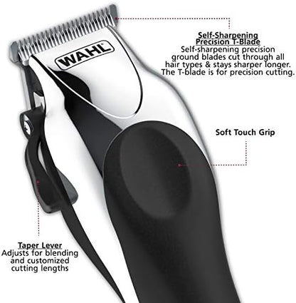 Wahl twenty five piece hair trimmer kit showing all fourteen guide combs shears and combs arranged neatly