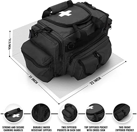 Black ASA TECHMED deluxe trauma bag showing eight pocket organization for first aid supplies.