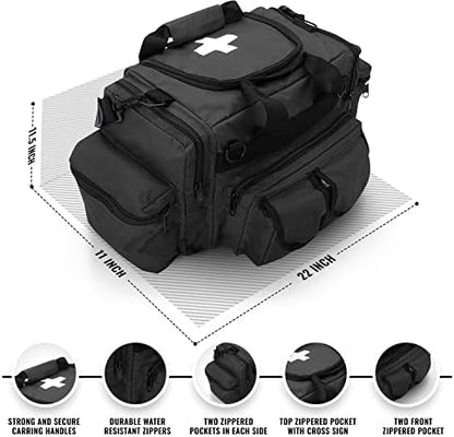Black ASA TECHMED deluxe trauma bag showing eight pocket organization for first aid supplies.