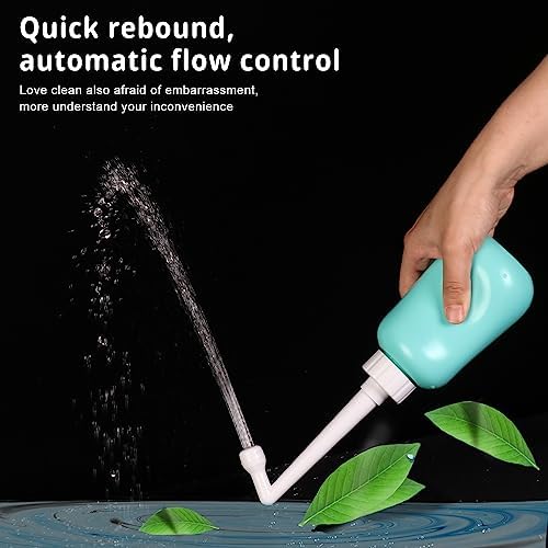 Ergonomic upside down postpartum wash bottle with angled spray nozzle.