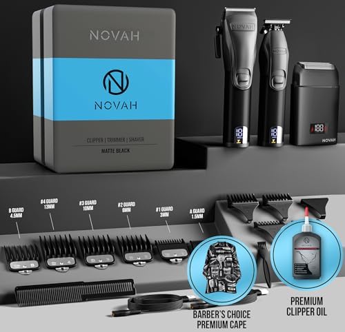 Novah Grooming all-in-one professional clipper set arranged neatly inside its premium black hard storage travel case.