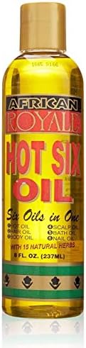 African Royale Hot Six multi use hair and body oil showing product details and fifteen natural herbs text