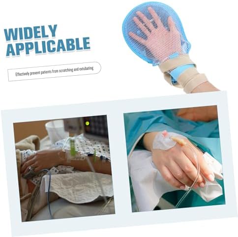 Breathable blue medical mittens with adjustable wrist straps for patients.