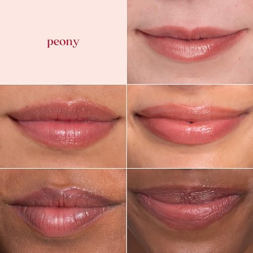 Four tubes of Burt's Bees Peony pink luminescent lip shimmer highlighting hydrating properties.