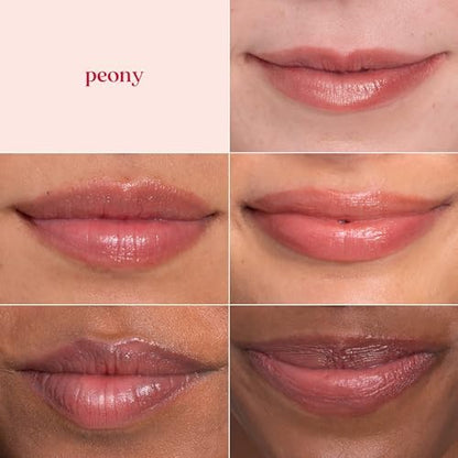 Four tubes of Burt's Bees Peony pink luminescent lip shimmer highlighting hydrating properties.
