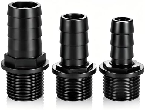 Three different sizes of black ABS plastic fountain pump adapters side view.