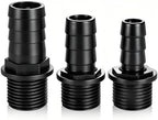 Three different sizes of black ABS plastic fountain pump adapters side view.