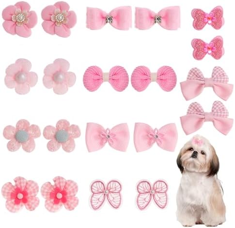 Close up of handmade pink dog bows with rhinestones and pearls