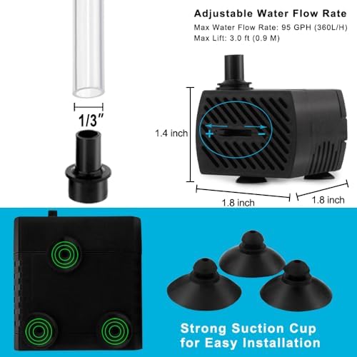 Pulaco 95 GPH water pump positioned inside a small fish tank setup