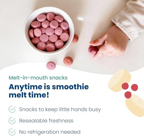 Amara organic plant-based yogurt melts poured out to show the bite-sized toddler snack shapes