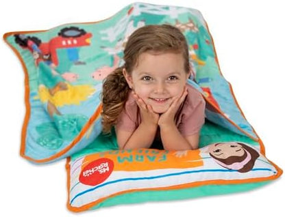 Close up view of the attached red tractor print plush coral fleece blanket