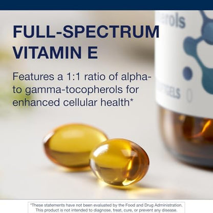 Full spectrum mixed tocopherols softgels container demonstrating genuine USA imported dietary supplement packaging.