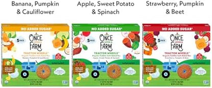 USA imported Once Upon a Farm clean label toddler snacks sampler assortment display.