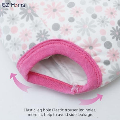 EZ Moms absorbent toddler girl pee pants laid out to demonstrate the high rise style and stretchable fit.