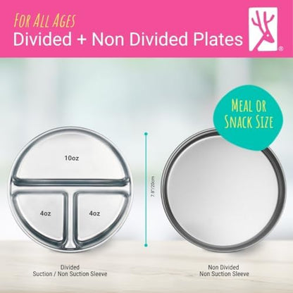 Elk and Friends plate set showing silicone sleeve and airtight lid