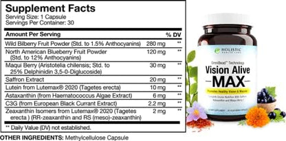 Vision Alive Max 30 vegetarian capsules packaging showing Lutemax 2020 logo