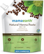 Ready to use Mamaearth henna hair color package showcasing dark roasted coffee ingredients.