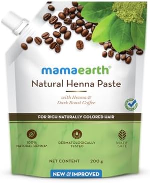 Ready to use Mamaearth henna hair color package showcasing dark roasted coffee ingredients.