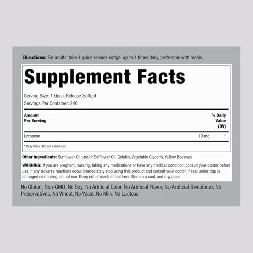 Piping Rock Lycopene 240 quick release softgels supplement label details