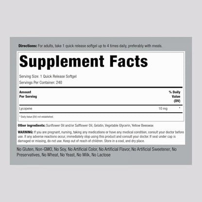Piping Rock Lycopene 240 quick release softgels label showing natural tomato extract carotenoid details