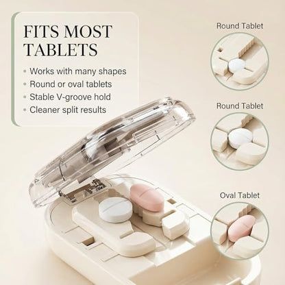 Echu travel pill organizer displaying the built-in storage compartment holding vitamins and cut medications.