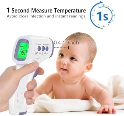 White and purple digital thermometer displaying fever indicator on LCD screen.