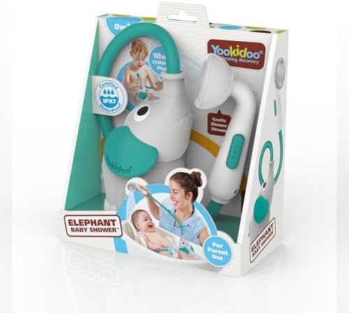 Yookidoo elephant baby shower head in forest green packaging