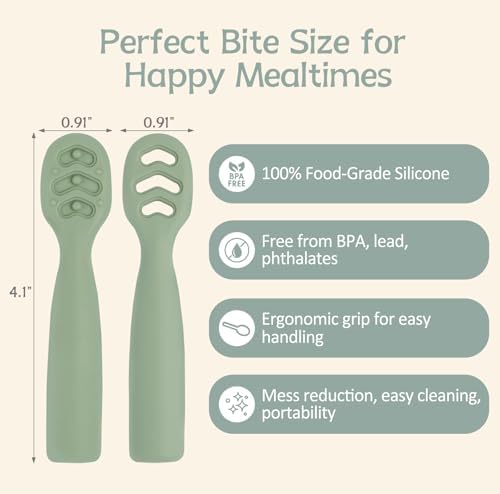 Close up of the soft tip silicone infant spoon showing flexible baby led weaning design