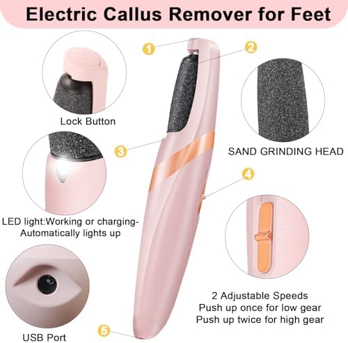 Rechargeable electric callus remover wand with coarse and fine interchangeable roller heads.