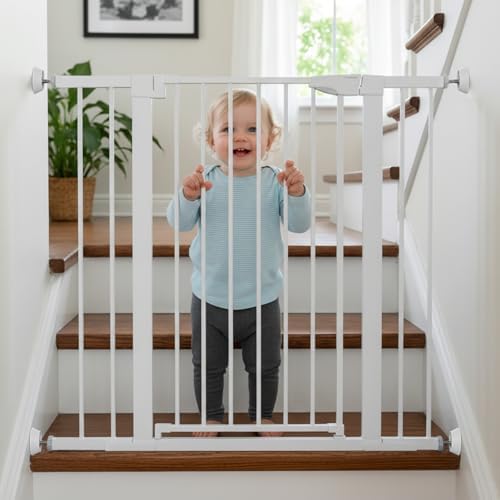 Mumeasy dog gate wall protector cup positioned securely against a wooden door frame baseboard.