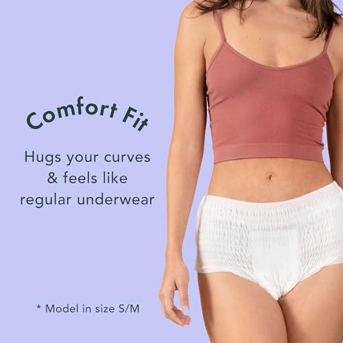 Back packaging of Rael organic cotton disposable underwear demonstrating the four layer absorbent core features