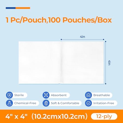 Four by four inch large medical grade gauze pads spread out demonstrating thick cotton texture