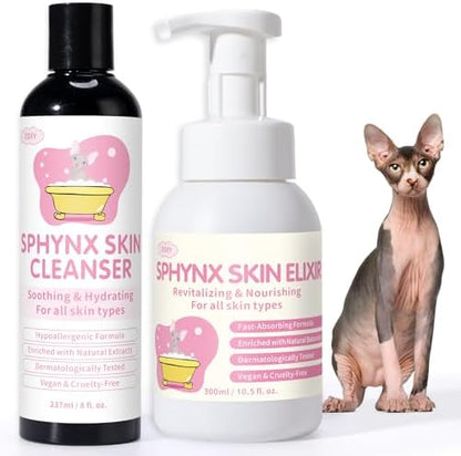 Close up of Mr Wrinkles hairless cat cleanser bottle highlighting natural coconut and jojoba seed ingredients.