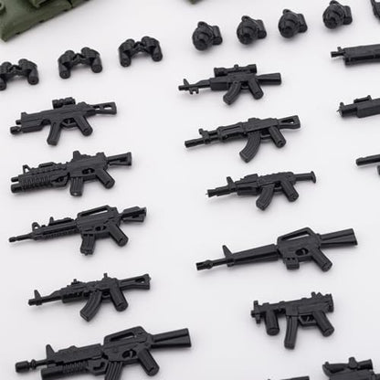 Assorted miniature tactical rifles and pistols from the HIMIRICH toy soldier set laid out neatly