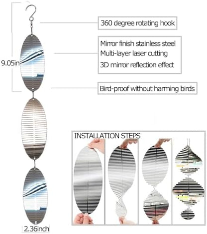 Outdoor bird deterrent devices hanging on a tree