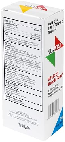NUMSTAT needle pain relief wipes with Benzocaine and Menthol ingredients