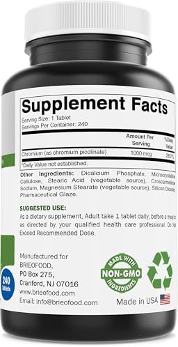 Brieofood Chromium Picolinate 240 high potency tablets showing non-GMO and gluten-free seals