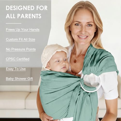 Green cotton infant wrap sling close up on adjustable metal rings