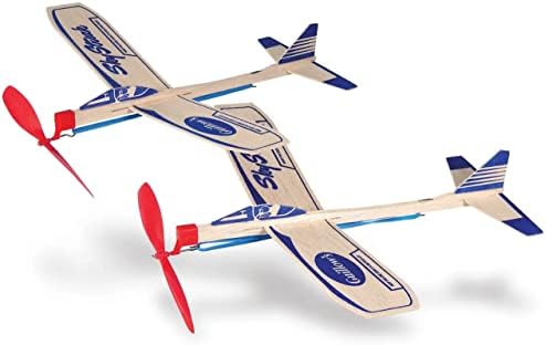 Assembled Guillow number fifty two balsa wood glider airplane showing the propeller and built in dihedral wing