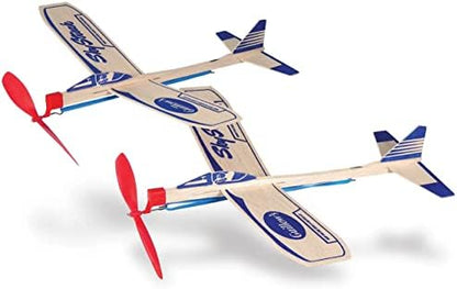 Assembled Guillow number fifty two balsa wood glider airplane showing the propeller and built in dihedral wing