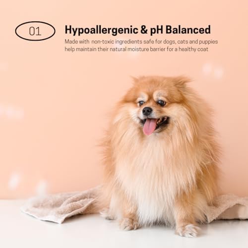 Hypoallergenic moisturizing puppy shampoo alongside the included pink silicone bath brush.