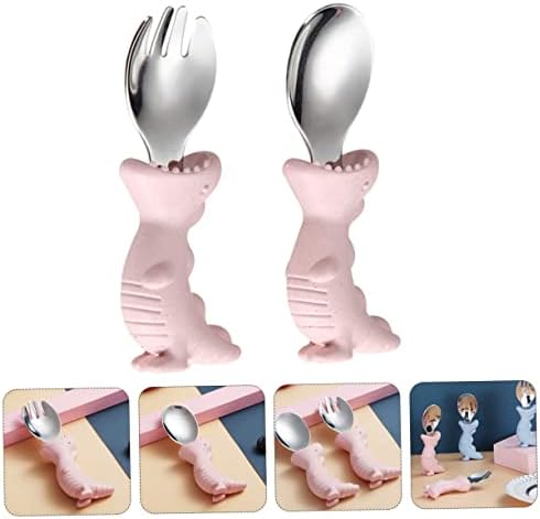 Ergonomic pink dinosaur themed baby cutlery set for independent eating practice