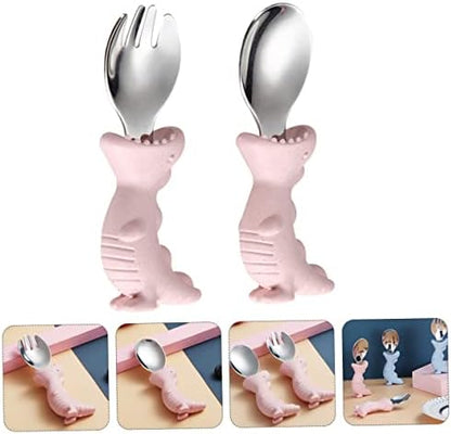 Ergonomic pink dinosaur themed baby cutlery set for independent eating practice