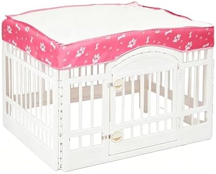 Pink escape proof dog crate cover attached to 4 panel puppy playpen