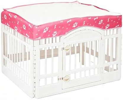 Pink escape proof dog crate cover attached to 4 panel puppy playpen